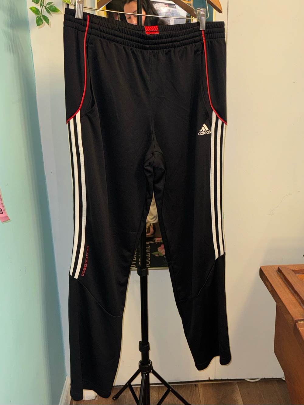 Adidas Men’s ClimaLite Training Track Pants Black Red 3 Stripe Size L